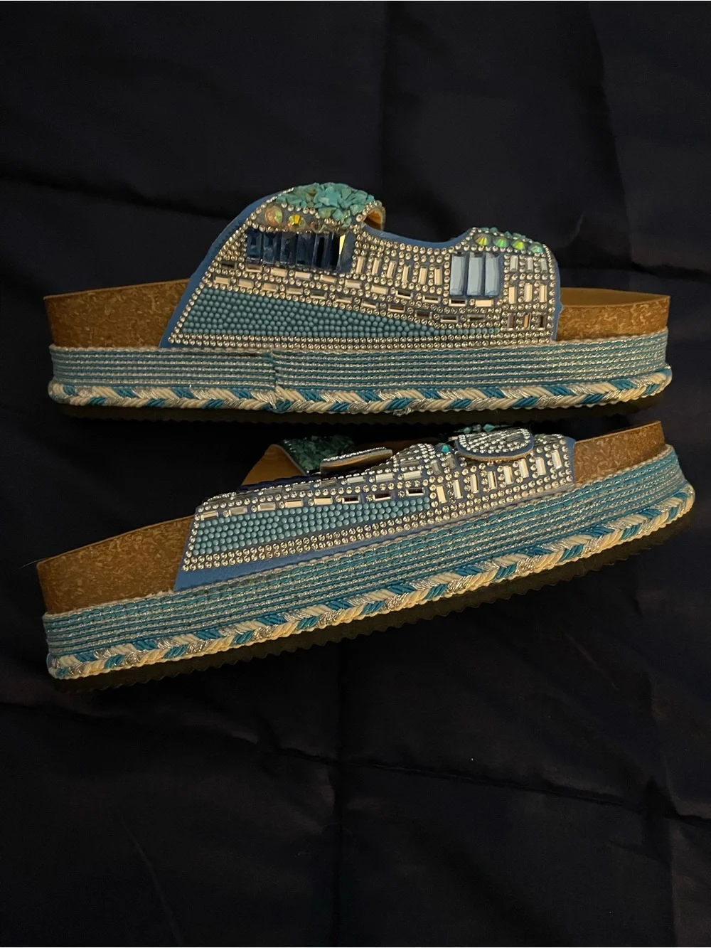 Embellished Turquoise Double-Buckle Slide Sandals